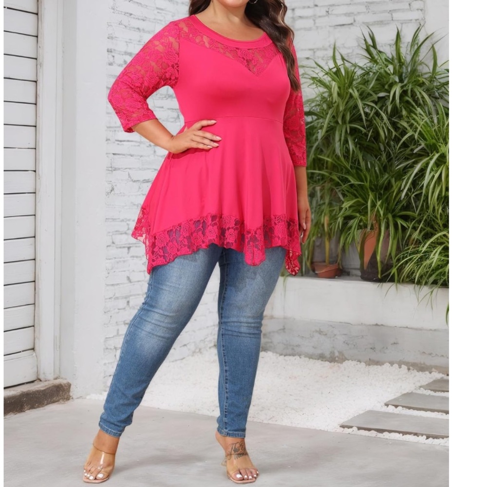 Curvy 5X  3/4 Sleeve-Tunic Tops Casual Blouse Pink Lace  5X